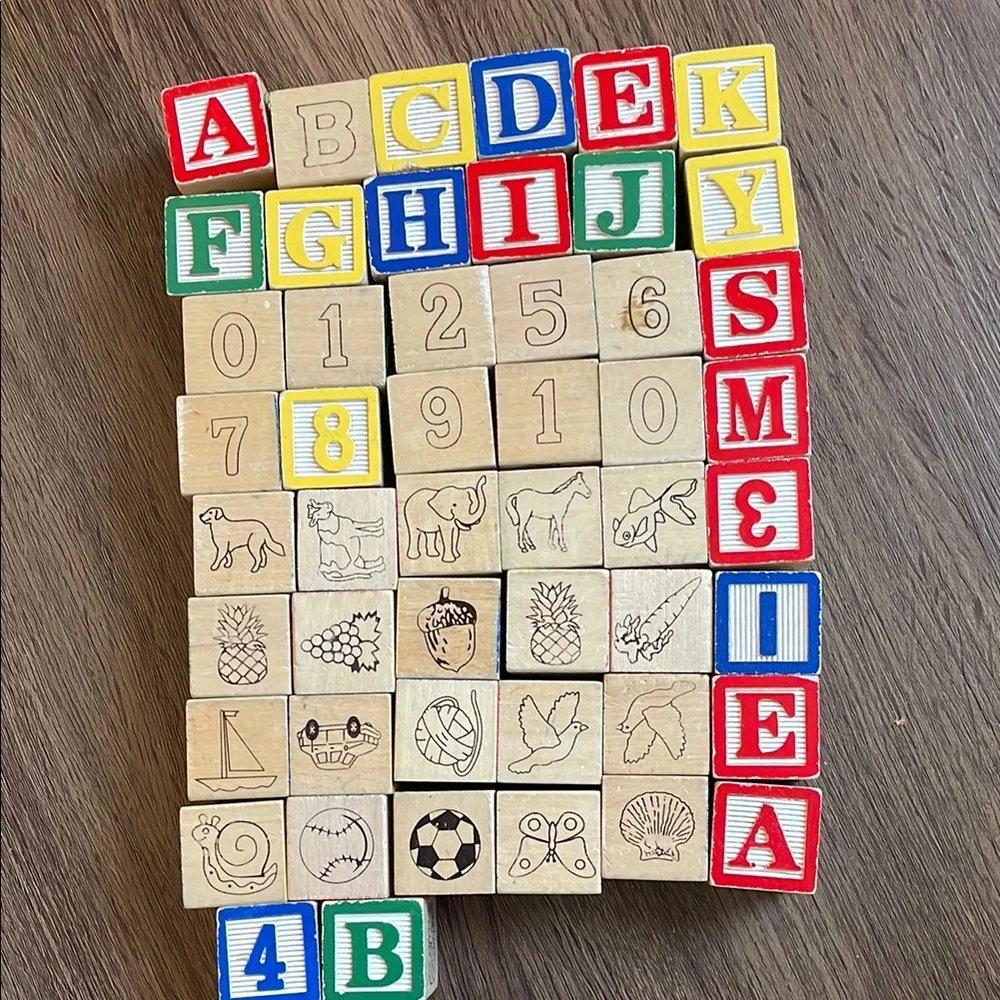 Antique Vintage Wooden Blocks; Alphabet, Numbers & pictures lot of 50 Blocks